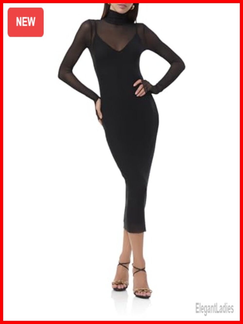 Turtleneck Long Sleeve Mesh Bodycon Midi Dress with Removable Slip